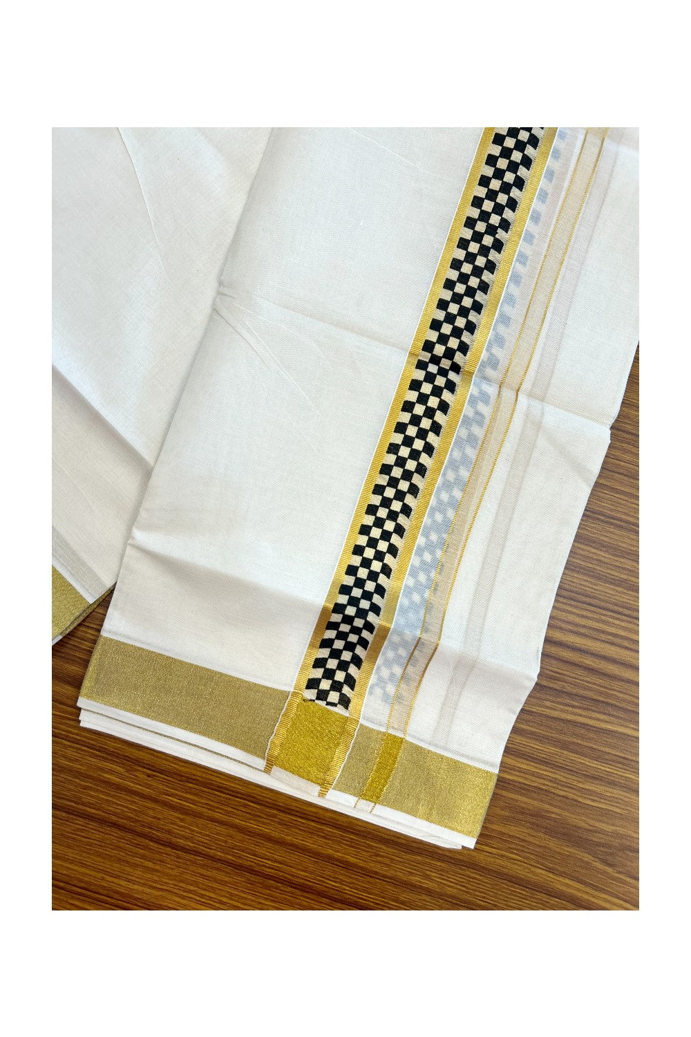 22% Discount!! KaithariKada Balaramapuram 100% Cotton DOUBLE OFF WHITE - (Ubleached) Mundu/Dhoti - 80x90 - 1.5 inch Gold Kasavu with Black Printed Design Kara - 13KK5219 GAN