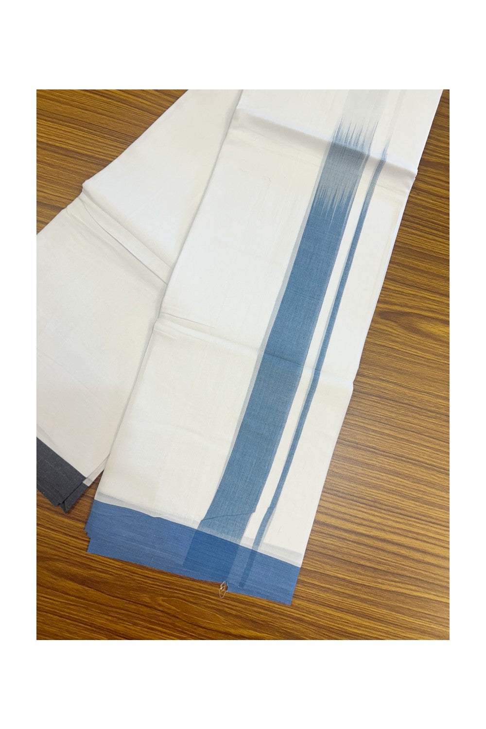 20% Discount!!! KaithariKada Balaramapuram  Double PURE WHITE  RAINBOW  Mundu/Dhoti - 100X80 - 1.75 inch Navy Blue & Light Blue Striped Designer Kara - 13KK5220 THI