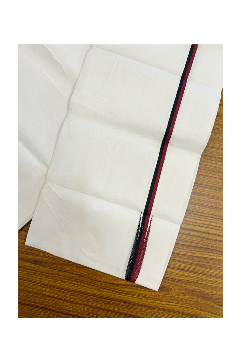 DMK Veshti - 20% Discount !! KaithariKada Balaramapuram PURE WHITE SINGLE Mundu/Dhoti - 100X100 - Puliyilakkara 0.75 inch Maroon & Black Chutty Kara (2 meter / 4 muzham) - 12KK5224 ASH