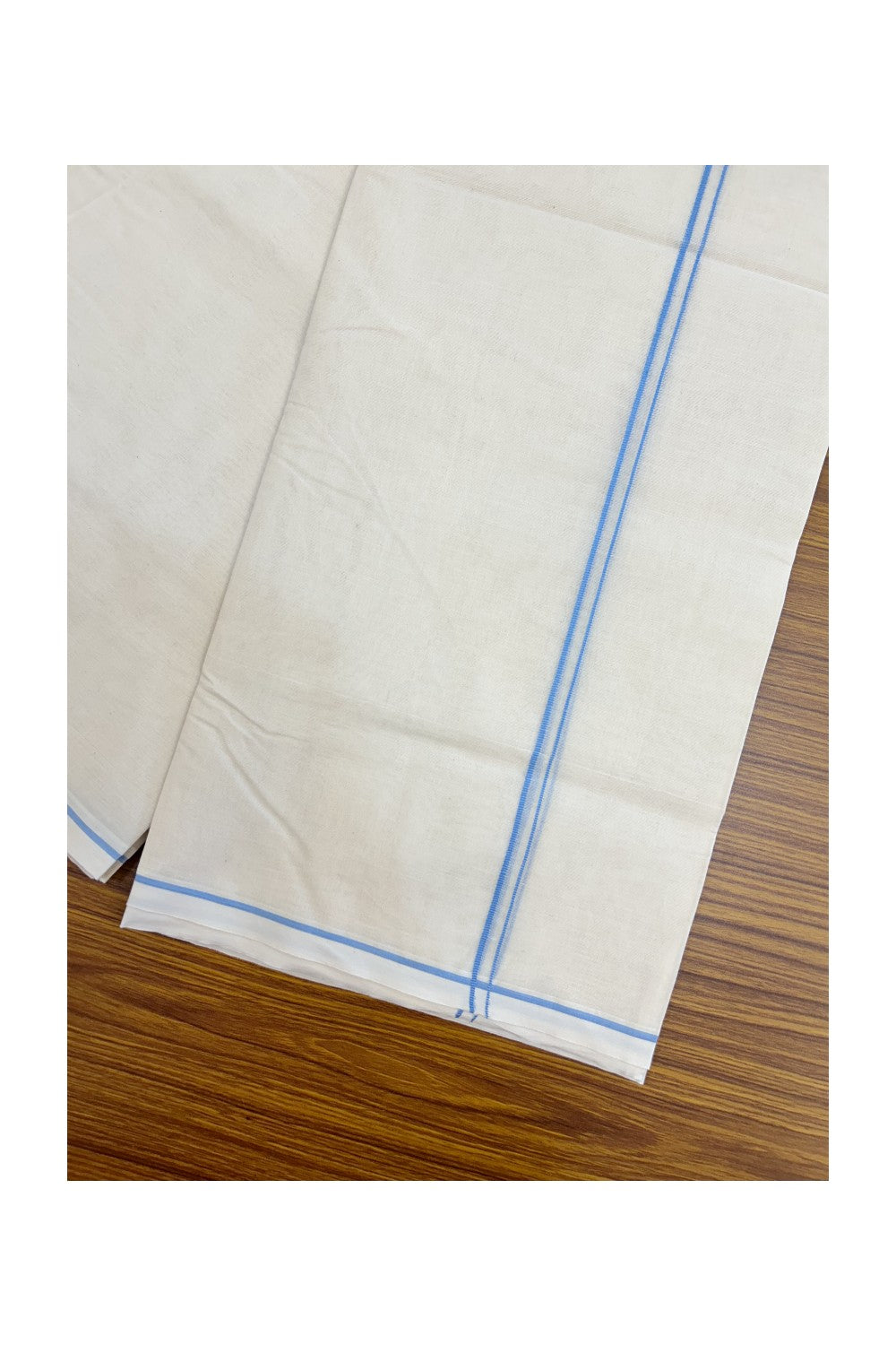 20% DISCOUNT! KaithariKada Balaramapuram 100% Cotton Double Off white - (Unbleached) - Mundu/Dhoti-100x100 - 0.3 cm  Light Blue Thin Kara - 13KK5228 ASH