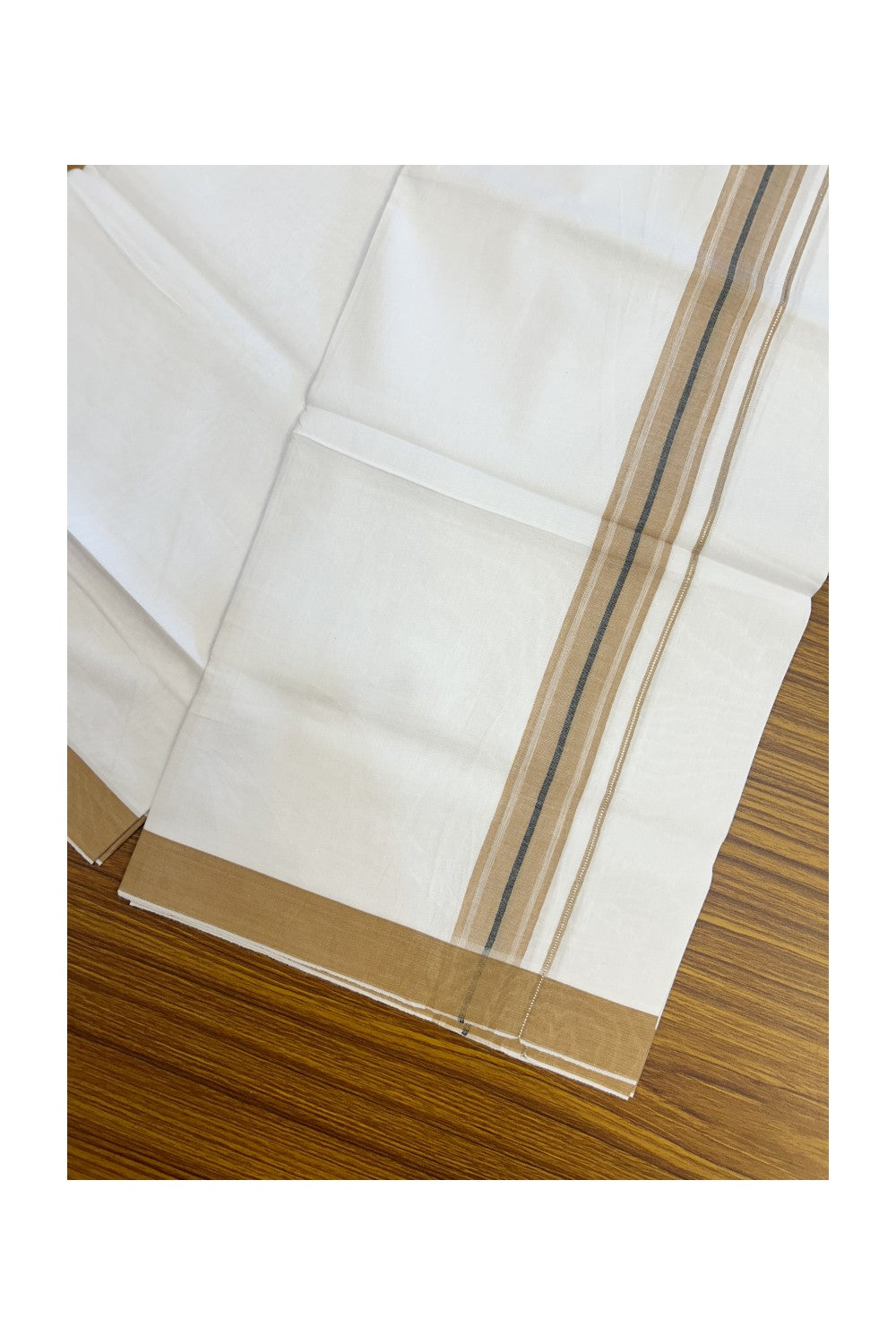 24% Discount !! KaithariKada Balaramapuram 100% Cotton Pure white Single Mundu/Dhoti - Twisted 60s Thread- 1.25 inch Silver Kasavu Brown & Black Striped Kara (2 meter / 4 muzham) - 13KK5241 GL