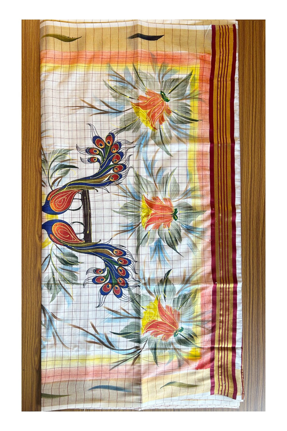 29% Discount!! Kaitharikada Kerala Cotton 2.75 inch Kasavu  Maroon Stripes & Hand Painted Peacock Design Saree - 13KK1003HAR