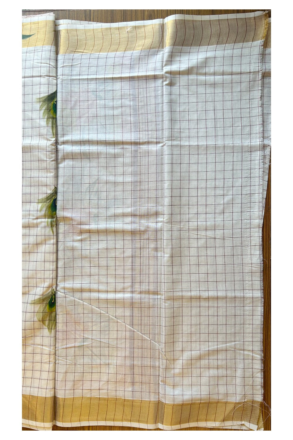 29% Discount!! Kaitharikada Kerala Cotton 2.75 inch Kasavu  Maroon Stripes & Hand Painted Peacock Design Saree - 13KK1003HAR