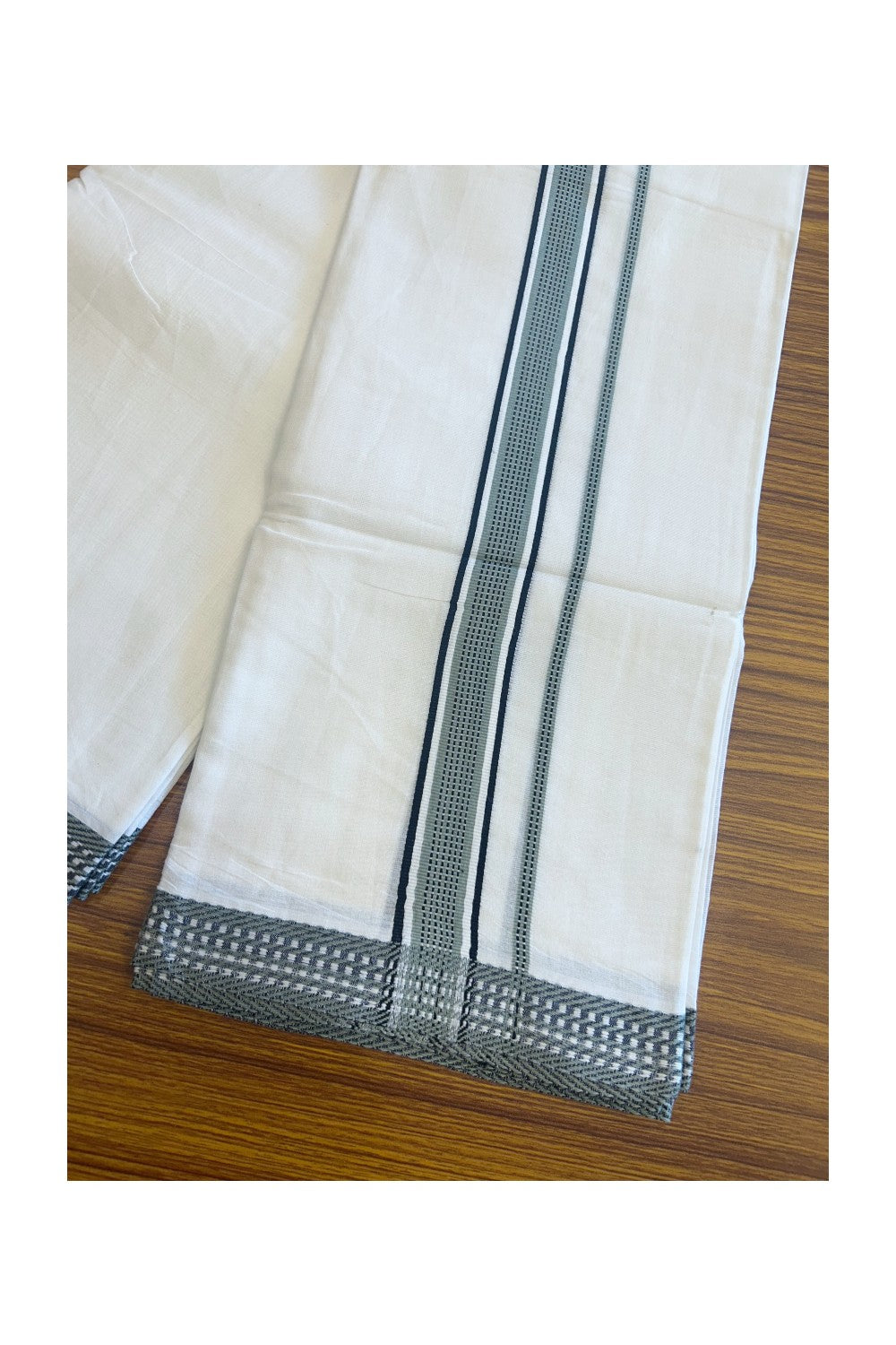19% Discount !! Kaitharikada Balaramapuram 100% Mercerised Cotton ULTRA PURE WHITE  DOUBLE Mundu/Dothi-100x100 - 2 Inch Sage Green & Black Striped kara - 1KK5106YAR