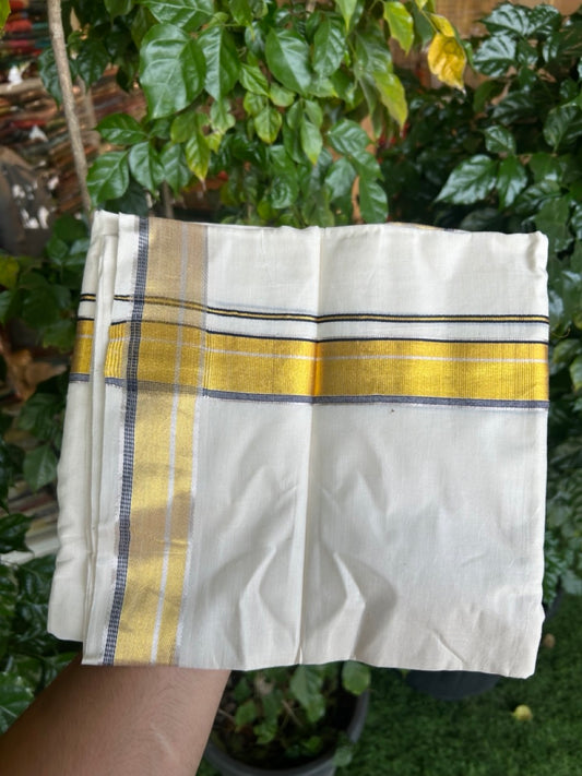 21% Discount! KaithariKada Balaramapuram 100% Cotton Off white Double Mundu/Dhoti - (100x100)S - 1.5 inch Dark Navy Blue Silver Gold Kasav Kara - 4mtr (8.5muzham) - 130 KK5255 VAS