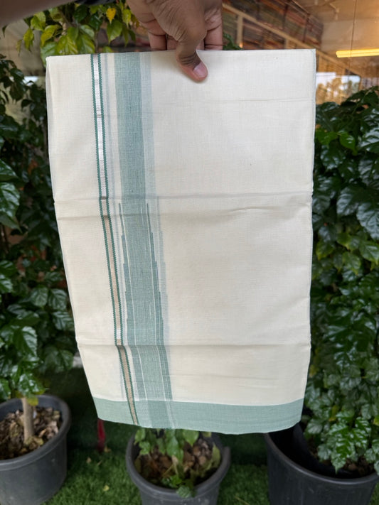 19% Discount! KaithariKada Balaramapuram 100% Cotton Off white Double Mundu/Dhoti - (100x80)s - 1.5 inch Puliyilakkara Green Stripes Chutty Silver Kasav - 132 KK5258 THI