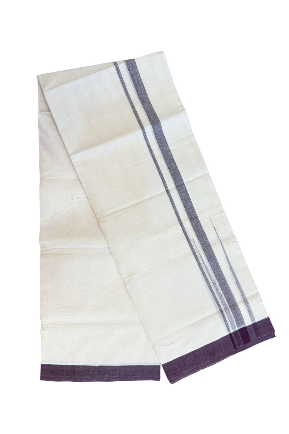 20% DISCOUNT! KaithariKada Balaramapuram 100% Cotton OFF WHITE Double (Unbleached) Mundu/Dhoti-100x80 - 1.75 inch Puliyilakkara Wine Purple shaded Big Chutty kara 4 mtr (8.5 muzham) - 132KK5220 THI
