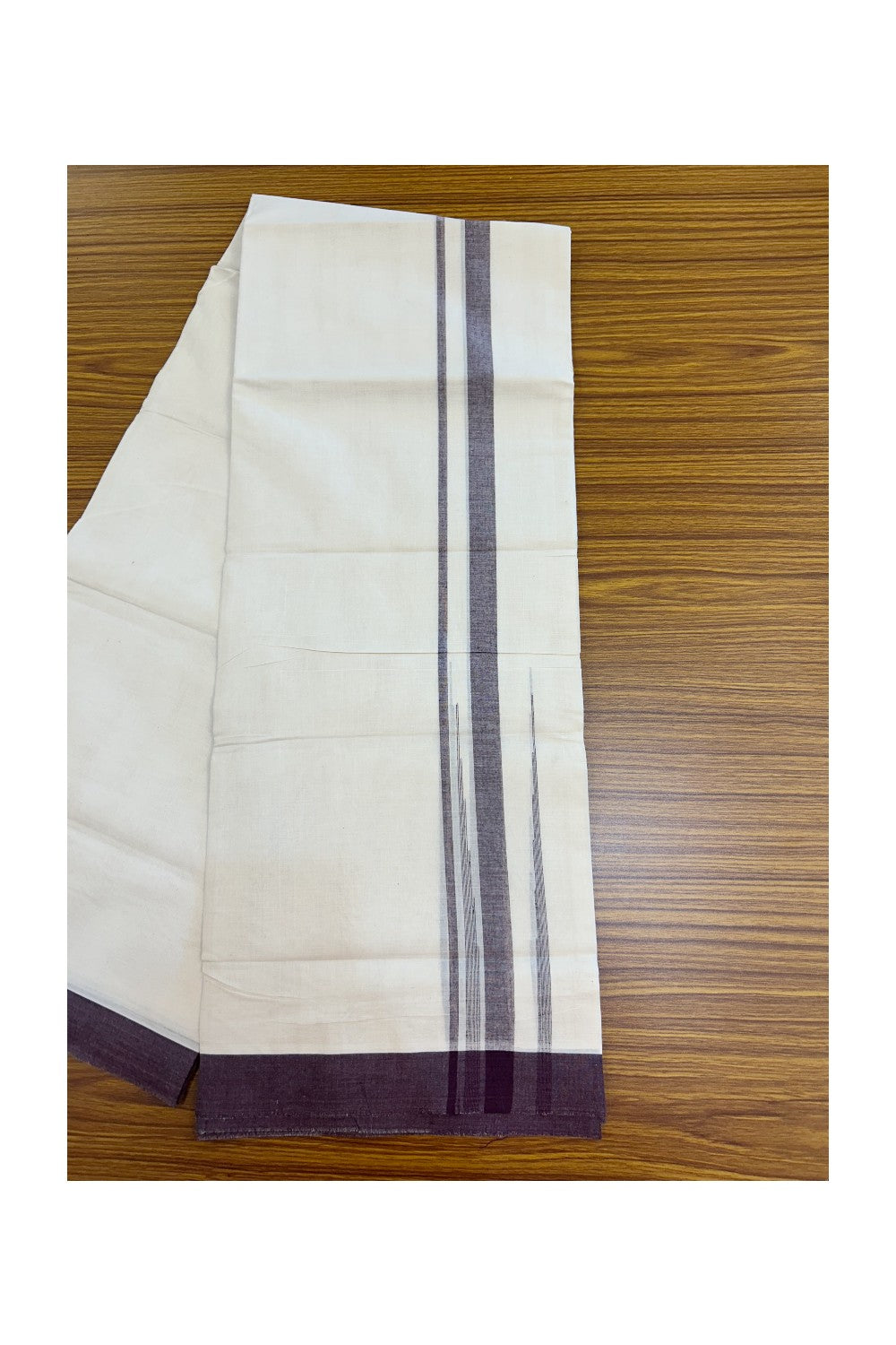 20% DISCOUNT! KaithariKada Balaramapuram 100% Cotton OFF WHITE Double (Unbleached) Mundu/Dhoti-100x80 - 1.75 inch Puliyilakkara Wine Purple shaded Big Chutty kara 4 mtr (8.5 muzham) - 132KK5220 THI