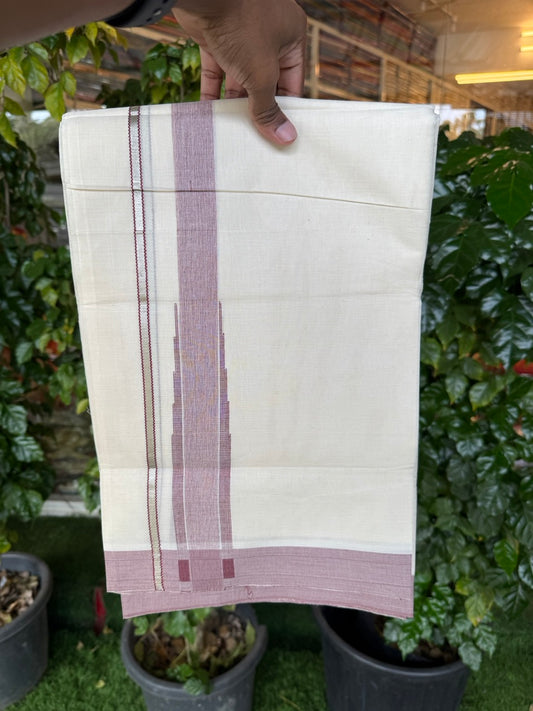 19% Discount! KaithariKada Balaramapuram 100% Cotton Off white Double Mundu/Dhoti - (100x80)s - 1.5 inch Puliyilakkara Maroon Stripes Chutty Silver Kasav - 133 KK5258 THI