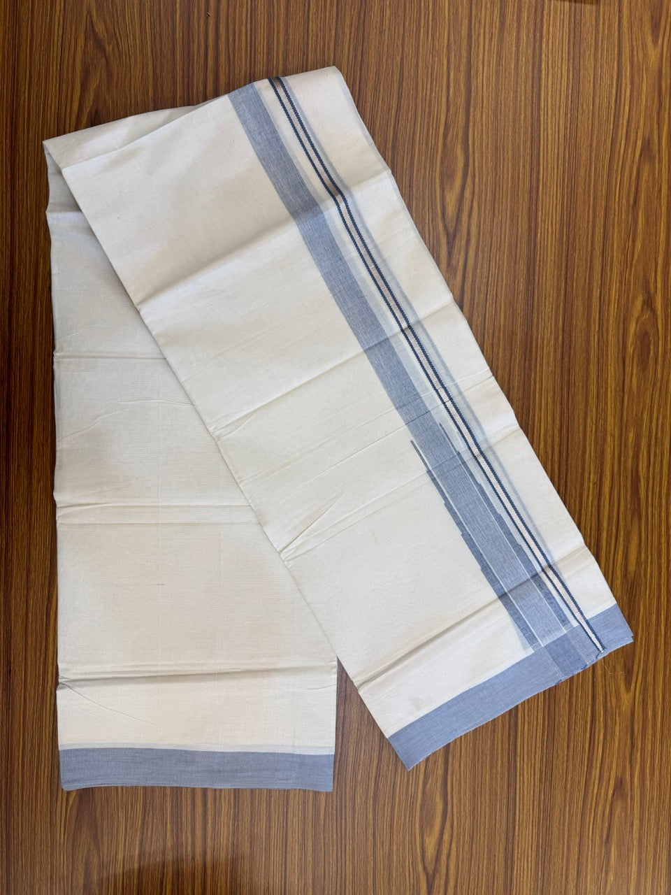19% Discount! KaithariKada Balaramapuram 100% Cotton Off white Double Mundu/Dhoti - (100x80)s - 1.5 inch Puliyilakkara Blue Stripes Chutty Silver Kasav - 134 KK5258 THI