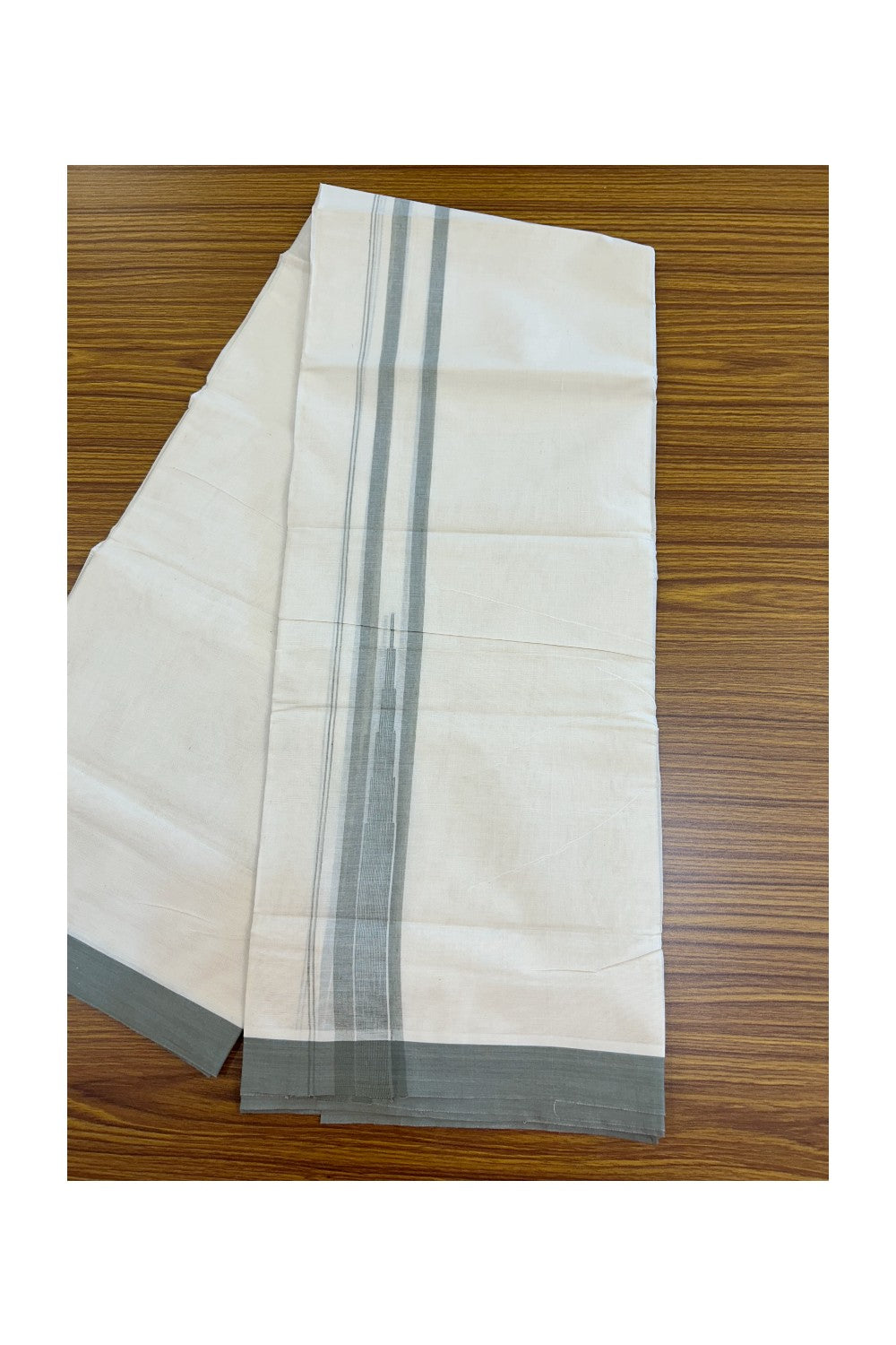 20% DISCOUNT! KaithariKada Balaramapuram 100% Cotton OFF WHITE Double (Unbleached) Mundu/Dhoti-100x80 - 1.75 inch Puliyilakkara Light Olive Green Blue shaded Temple Chutty kara 4 mtr (8.5 muzham) - 134KK5220 THI