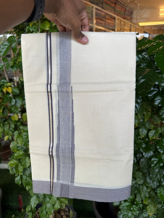 19% Discount! KaithariKada Balaramapuram 100% Cotton Off white Double Mundu/Dhoti - (100x80)s - 1.5 inch Puliyilakkara Violet Stripes Chutty Silver Kasav - 135 KK5258 THI
