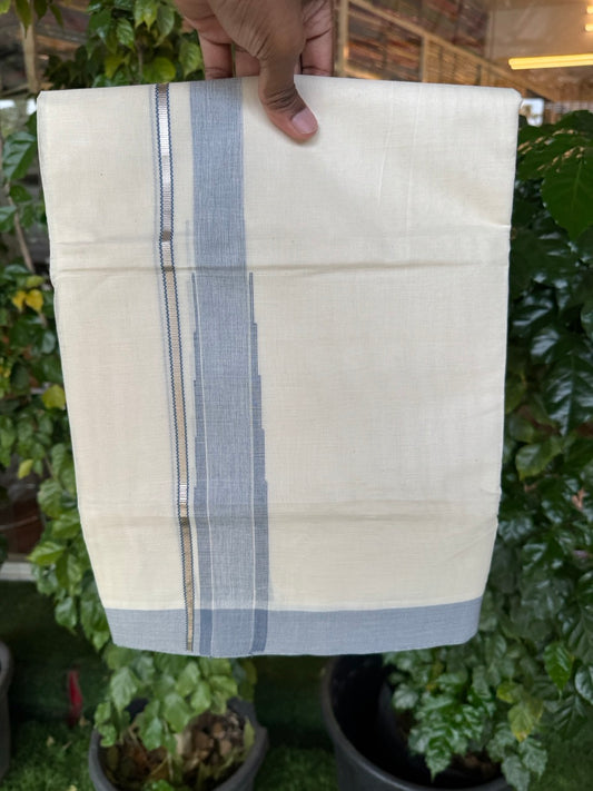 19% Discount! KaithariKada Balaramapuram 100% Cotton Off white Double Mundu/Dhoti - (100x80)s - 1.5 inch Puliyilakkara Blue Stripes Chutty Silver Kasav - 136 KK5258 THI