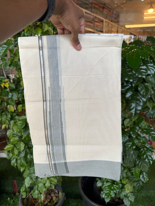 19% Discount! KaithariKada Balaramapuram 100% Cotton Off white Double Mundu/Dhoti - (100x80)s - 1.5 inch Puliyilakkara Sage Green Ash mix Stripes Chutty Silver Kasav - 138 KK5258 THI