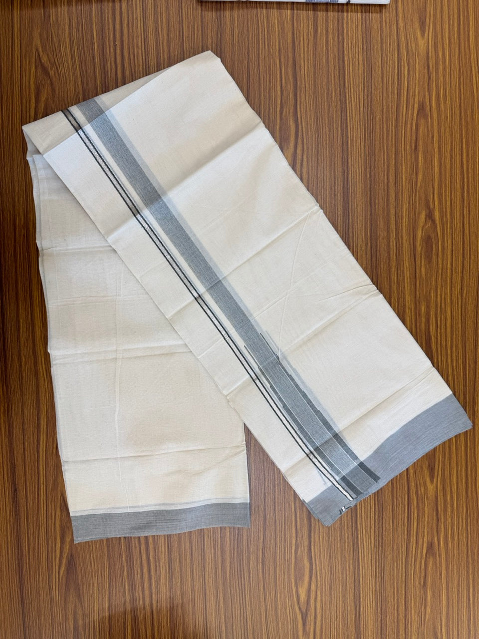19% Discount! KaithariKada Balaramapuram 100% Cotton Off white Double Mundu/Dhoti - (100x80)s - 1.5 inch Puliyilakkara Sage Green Ash mix Stripes Chutty Silver Kasav - 138 KK5258 THI