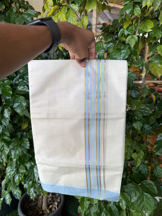 19% Discount! KaithariKada Balaramapuram 100% Cotton Off white Double Mundu/Dhoti - (100x80)s - 1.5 inch Puliyilakkara Sky Blue Stripes Chutty Gold Kasav - 139 KK5258 THI