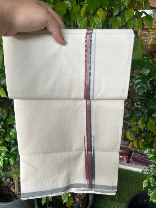 25% Discount! KaithariKada HANDLOOM UNAKKUPAAV Balaramapuram - 100% PURE Cotton OFF WHITE (Unbleached) Double Mundu/Dhoti - 80x90 - 1 inch Silver kasavu striped Black & Red chutty 4 Mtr (8.5 Muzham) - 14KK5235 YAR