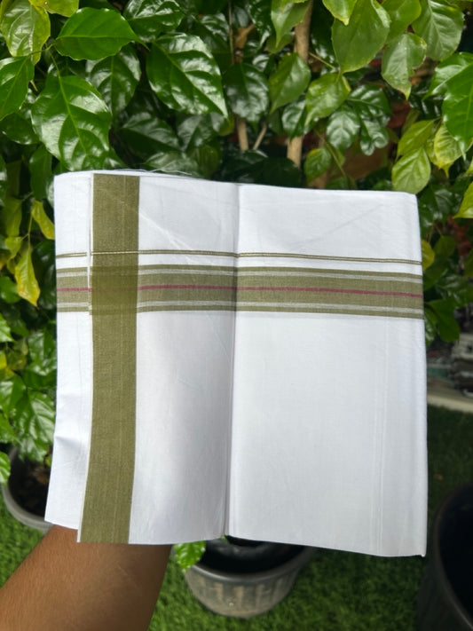 24% Discount !! KaithariKada Balaramapuram 100% Cotton Pure white Single Mundu/Dhoti - Twisted 60s Thread- 1.25 inch Silver Kasavu Olive Green & Purple Striped Kara (2 meter / 4 muzham) - 14KK5241 GL