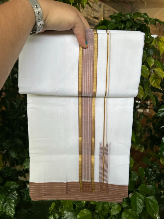 25% Discount!! NEW ULTRA PURE WHITE THREAD HANDLOOM Balaramapuram - 100% MERCERISED Cotton Double Mundu/Dhoti - 120 twisted warp x 80s weft - Brown White Stripes Gold Kasav Chutty Kara- 14KK5248 REA