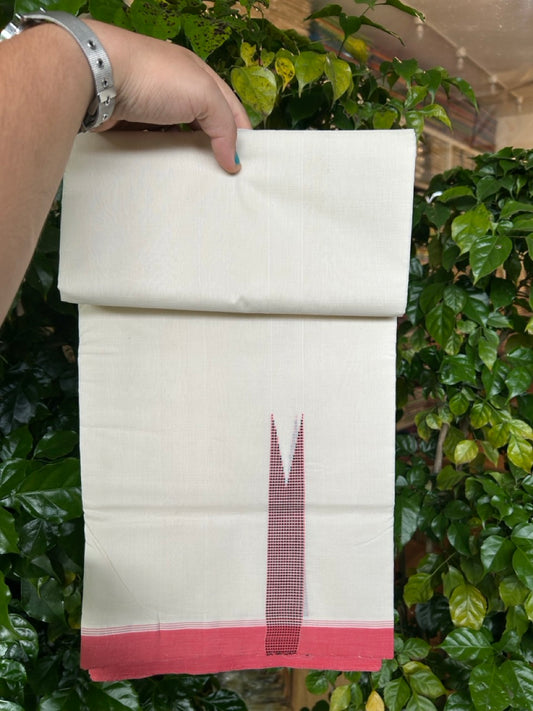 25% DISCOUNT!! KaithariKada HANDLOOM  UNAKKUPAAV Balaramapuram - 100% PURE Cotton OFF White - (Unbleached) Double Mundu/Dothi - 100 x 80 - Black Pink Red Chutty Kara - 3.80 meter (8.5 mulam) - 14 KK5249 REA