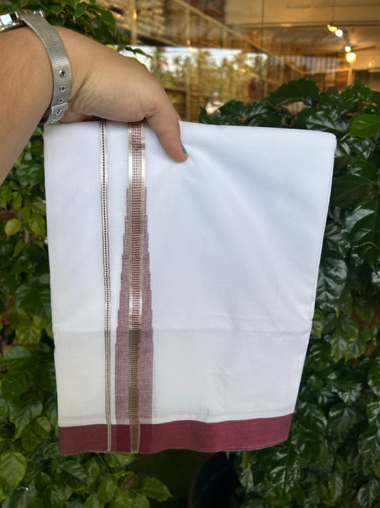 22% Discount ! NEW! KaithariKada Balaramapuram 100% Cotton Pure white Double Mundu/Dhoti - (100x80)s - Heavy Chutty Dark Maroon Chutty Silver Kasav - 14 KK5252 CKS