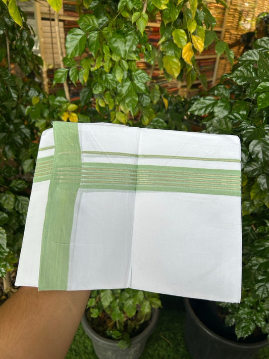 Short Dhoti Special - 28% Discount ! KaithariKada 100% Cotton Pure White Double Mundu / Dhoti - 100x80 - 45 inch Height 3.80 m Length  1.5 inch Light Green Silver Kasav kara - 14 KK5258 THI