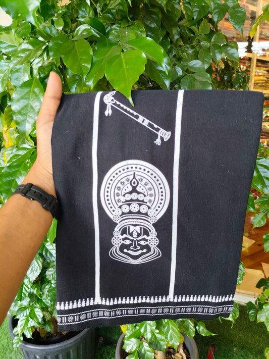 18% Discount!!! Kaitharikada Mixed Cotton Single BLACK - Kaily / Lungi - 3.25 inch Kathakali Flute Peacock Printed kara Kuppadam Border (2 meter / 4 muzham) - 14KK8027 AS