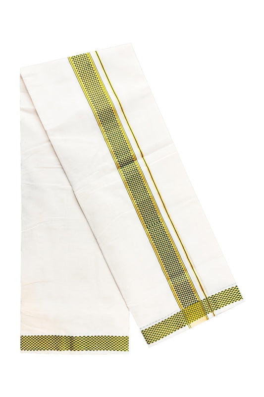 30% DISCOUNT ! KaithariKada HANDLOOM Unakkupaav Balaramapuram - 100% PURE Cotton 4.58 Meter Off White (Unbleached) Double Mundu/Dhoti - Green Check & KASAVU DESIGN 2.5 Inch KARA- ABH14