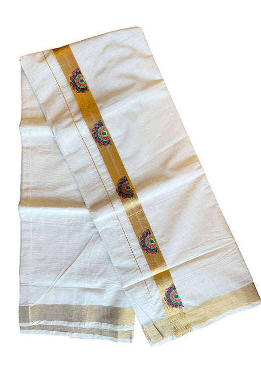 20% Discount !! KaithariKada Balaramapuram Mixed Cotton Double Off white - (Unbleached) Mundu/Dhoti-80x72-  Hand Painted Flower & Kasavu Design - 14KK207PMC