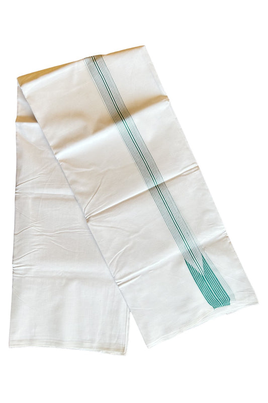 21% DISCOUNT!!! KaithariKada 100% Cotton Pure white Double Dhoti/Mundu- 12 Line Puliyilakkara Chutty Turquoise green Stripes- 14KK412ASH