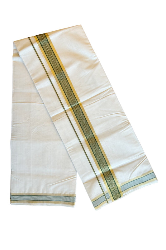 25% DISCOUNT!! KaithariKada HANDLOOM Millpaav Balaramapuram - 100% PURE Cotton OFF White - (Unbleached) Double Mundu/Dothi - 2.75 Inch Kasavu  & Green striped pattern Kara - 14KK456KK