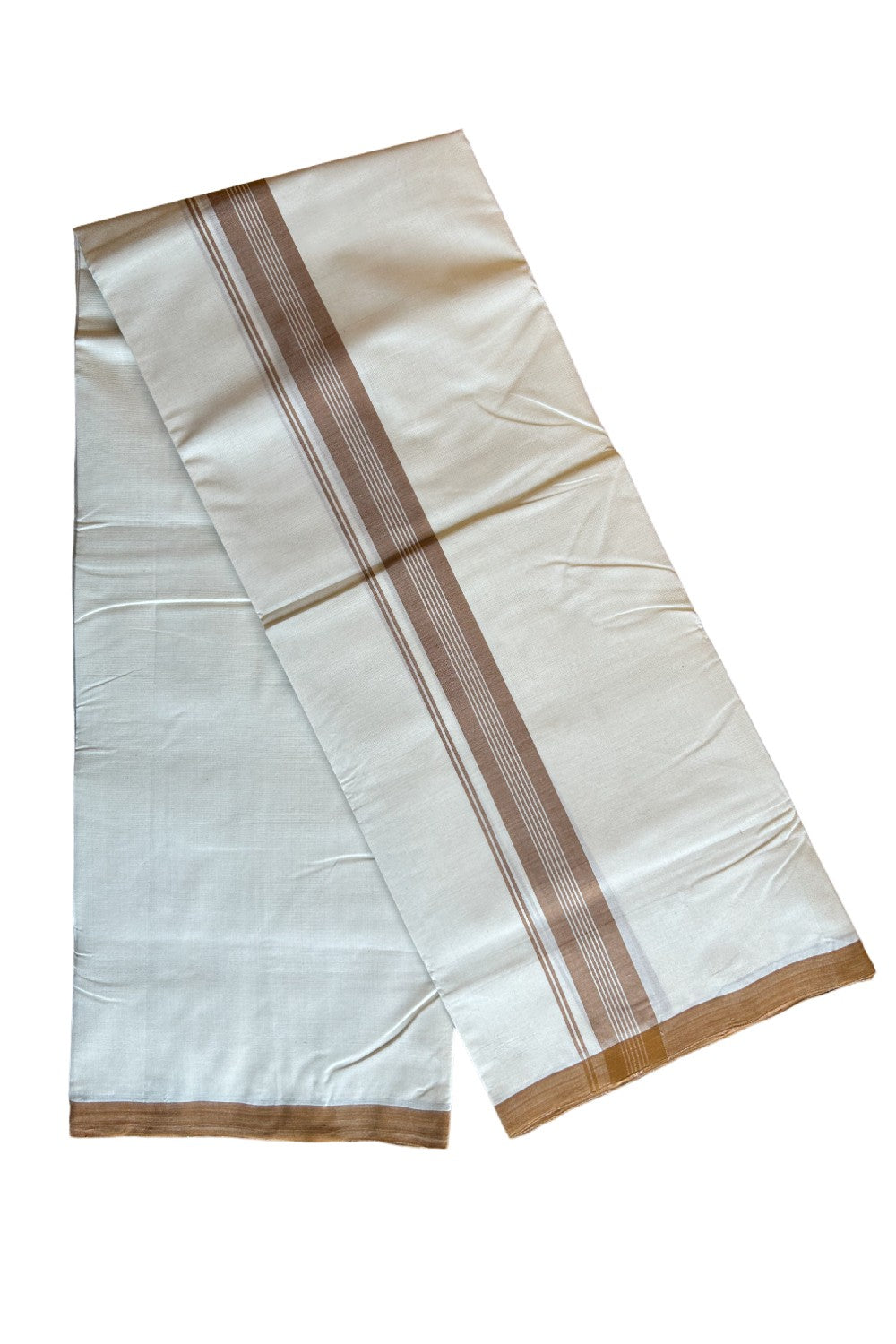 30% DISCOUNT!! KaithariKada HANDLOOM Millpaav Balaramapuram - 100% PURE Cotton OFF White - (Unbleached) Double Mundu/Dothi - 2 inch Brown white stripes mulloth kara  - 14KK462RAM