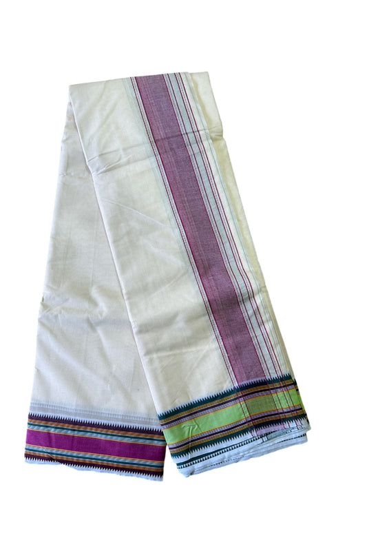 37% DISCOUNT! KaithariKada  Cotton Mix  Off White - (Unbleached) - Pure Cotton- 100x100 thread - NORTH INDIAN - ATTACHED GAMCHA 10x6 Dhoti Magenta kara with Violet Light Green & Orange Striped border -14KK5004PMC