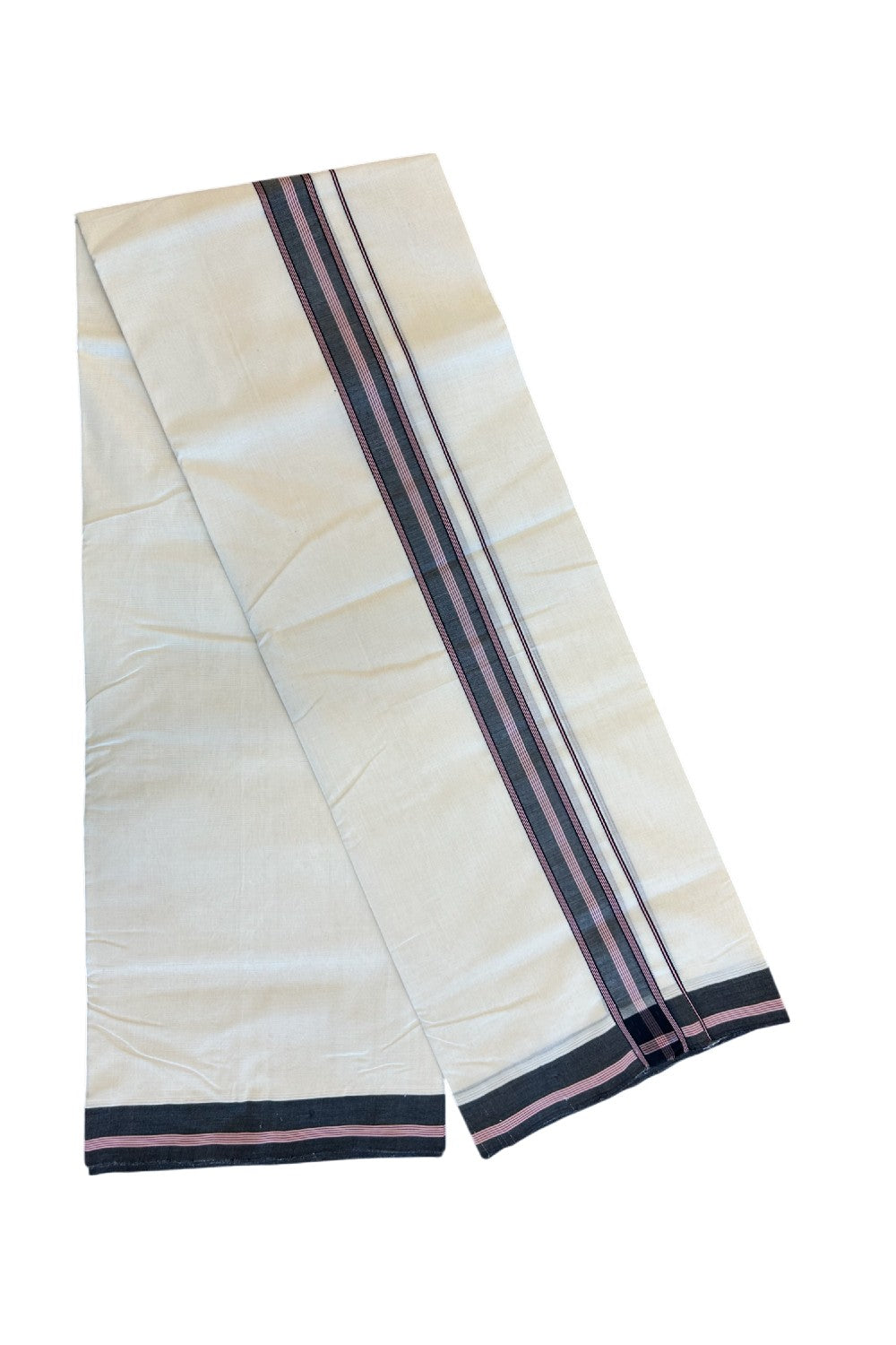 25% DISCOUNT!! KaithariKada HANDLOOM UNAKKUPAAV Balaramapuram - 100% PURE Cotton OFF White Double - (Unbleached) Mundu/Dothi - 2 inch Black & Pink Stripes Kara 3.82 meters - 14KK5049REA