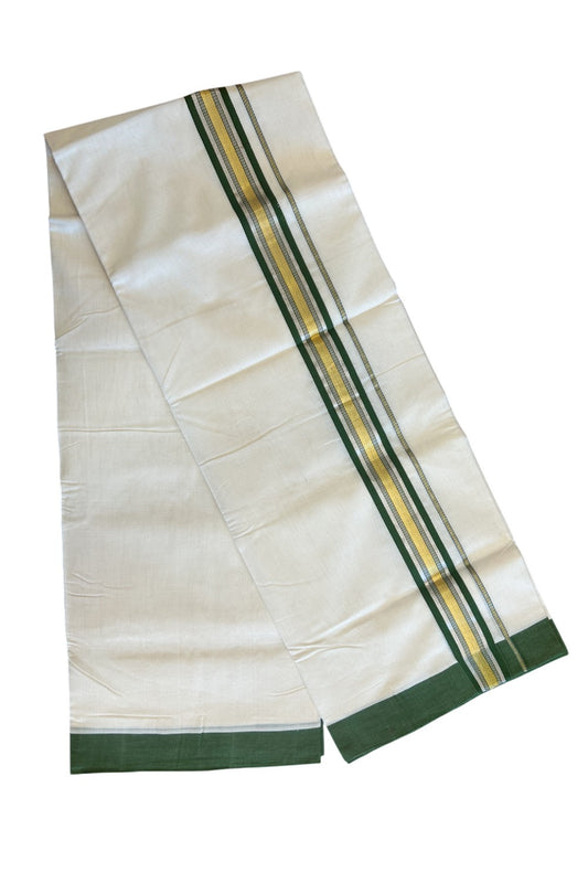30% Discount KaithariKada HANDLOOM Unakkupaav Balaramapuram - 100% PURE Cotton Off White (Unbleached) - 100x100 Double Mundu/Dhoti - 2.25 inch Gold & Silver Kasavu Green Stripes Kara- 216