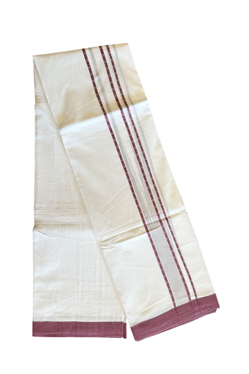 20% DISCOUNT!! KaithariKada Balaramapuram 100% Cotton PURE WHITE Double Mundu/Dhoti - 100x80 - 1.5 inch Wine Purple striped Design kara - 14KK5109THI