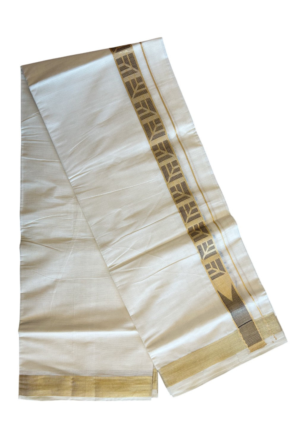 20% DISCOUNT ! KaithariKada Balaramapuram Mixed Cotton OFF White (Unbleached) Double Mundu/Dhoti - 80x80 Thread Mixed Cotton- 2.25 inch Gold kasavu & Brown jacquard design Chutty kara - 14KK5113PMC