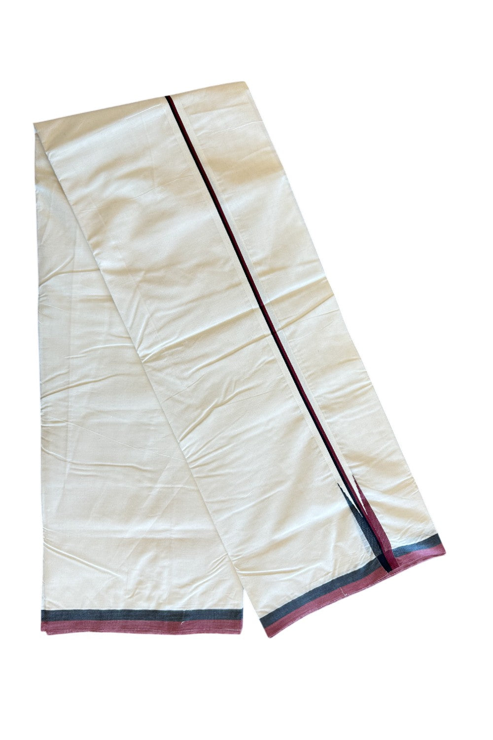 DMK Veshti - 28% DISCOUNT! KaithariKada 100% Cotton off white Double - (Unbleached) Mundu/Dhoti - 100X100 - 2 cm Puliyilakkara Black & Maroon chutty - 13KK5120ASH