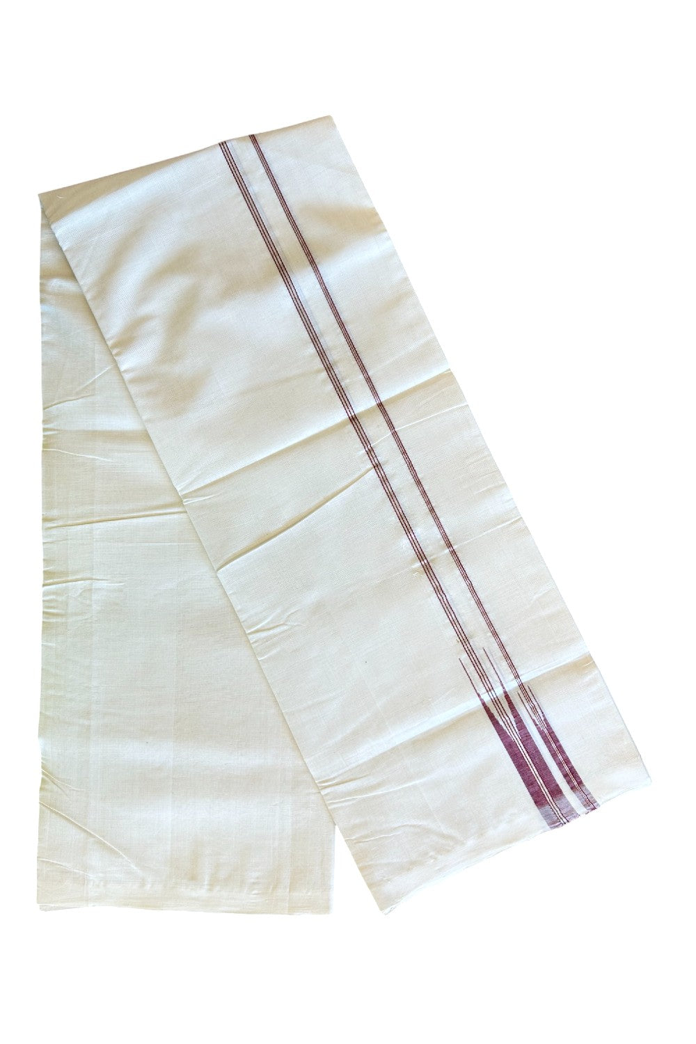 30% DISCOUNT! KaithariKada BALARAMAPURAM HANDLOOM MILLPAAV - 100% PURE Cotton Off white (Unbleached) Double Mundu/Dhoti - 1 inch Maroon & Silver Kasav Striped Double Chutty Kara - 14KK5123RAM