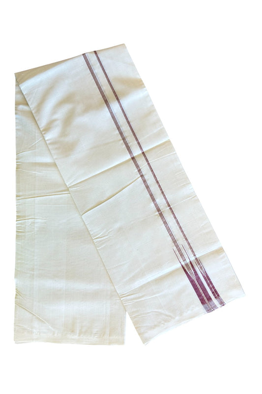 30% DISCOUNT! KaithariKada BALARAMAPURAM HANDLOOM MILLPAAV - 100% PURE Cotton Off white (Unbleached) Double Mundu/Dhoti - 1 inch Maroon & Silver Kasav Striped Double Chutty Kara - 14KK5123RAM