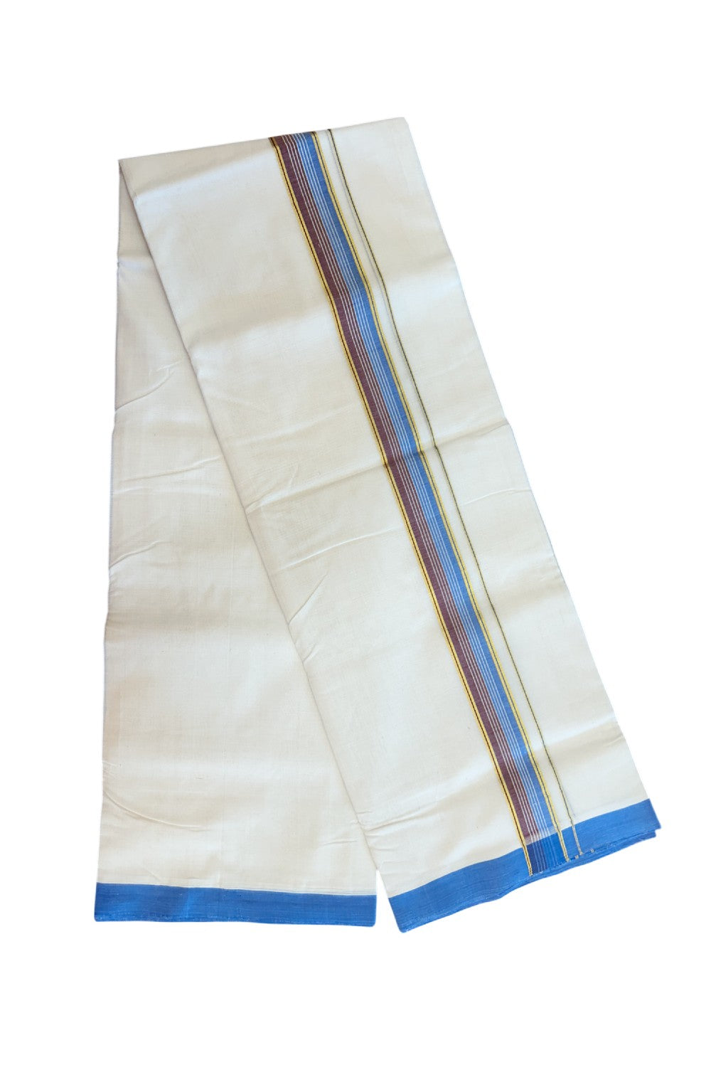 27% DISCOUNT! KaithariKada BALARAMAPURAM HANDLOOM UNAKKUPAAV - 100% PURE Cotton Off white (Unbleached) Double Mundu/Dhoti - 1.5 inch Gold Kasavu & Blue Brown Striped Kara (8 Muzham) - 16KK5161SOM