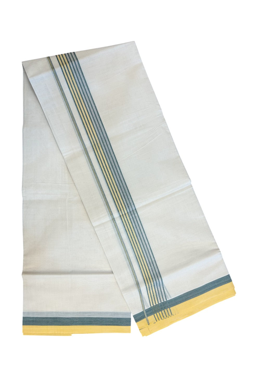20% DISCOUNT ! KaithariKada Balaramapuram 100% Cotton Double off white (Unbleached) Mundu/Dhoti - 100X80 - 1.5 inch Silver kasavu & Yellow Green Stripes kara - 14KK5172PMC