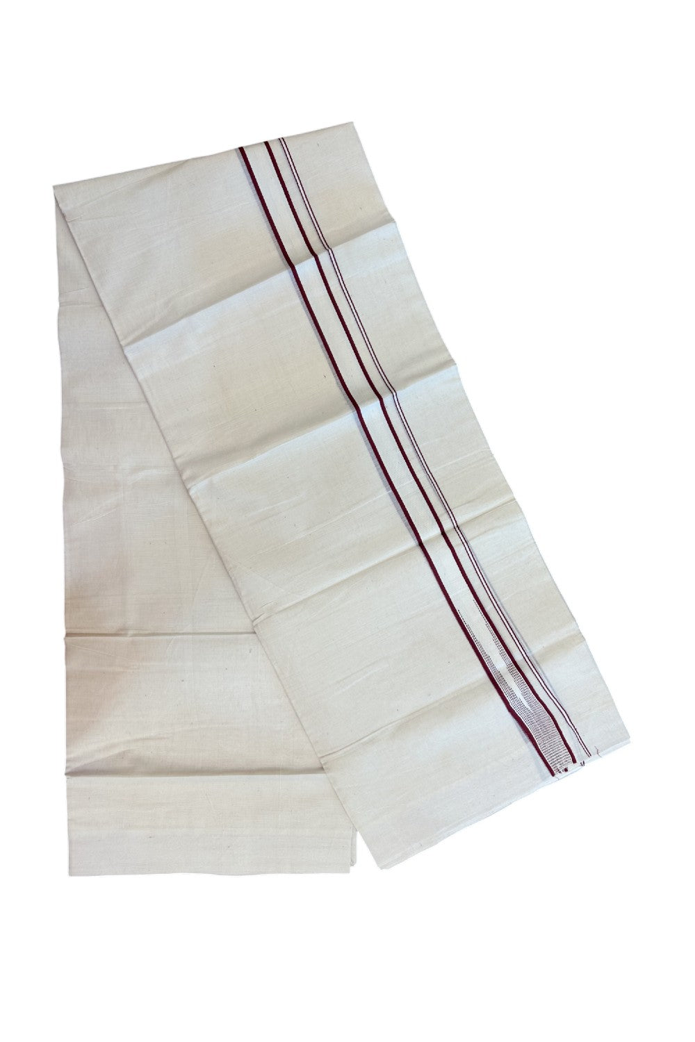 20% Discount ! Kaitharikada Balaramapuram 100% Cotton Double Off white (Unbleached) Mundu/Dhoti - 100x80 - 0.75 inch Maroon Stripes Chutty Kara - 14KK5186CKS