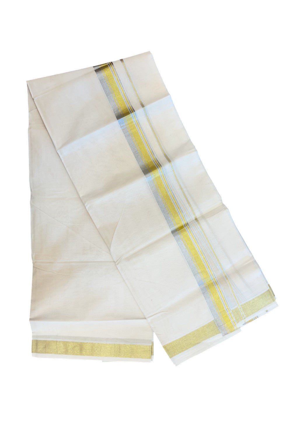 20% DISCOUNT ! KaithariKada Balaramapuram - 100% PURE Cotton Off White - (Unbleached) Double Mundu/Dhoti - 100X80 - 1.5 inch Gold Kasavu & Silver Kasavu Striped Kara - 14KK5212 VIN