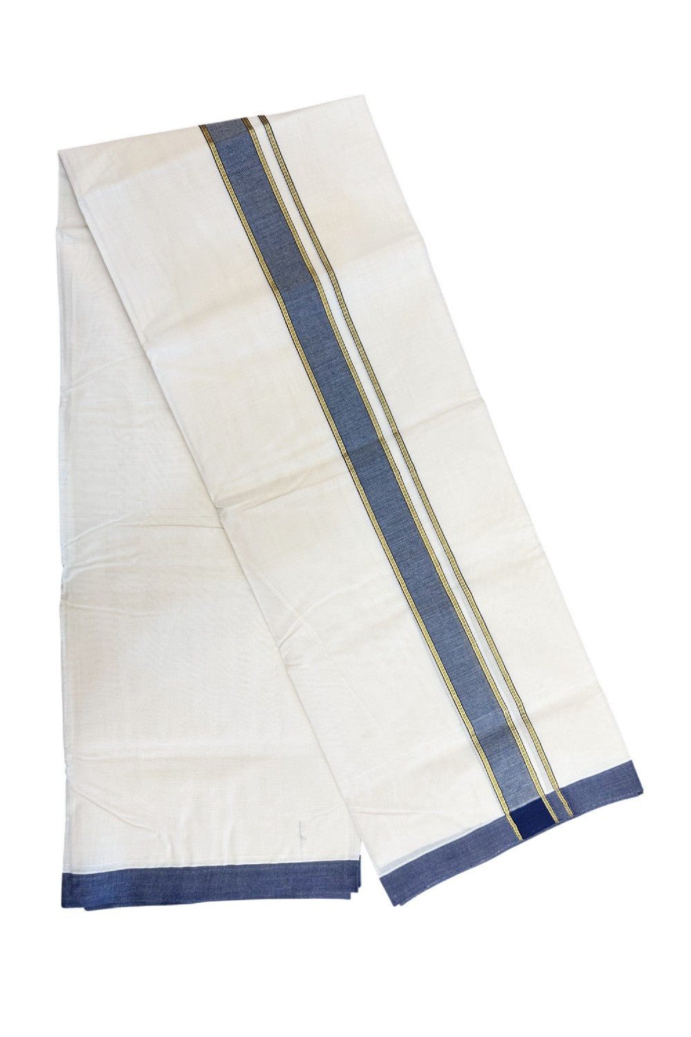 NEW !! 20% DISCOUNT!! KaithariKada Balaramapuram 100% Cotton Double Off white - (Unbleached) Mundu/Dhoti-100x80 - 1.5 inch Gold Kasavu & Blue Shaded Striped KARA - 3.75 mtr (8 Muzham) - 14KK5218 ASH