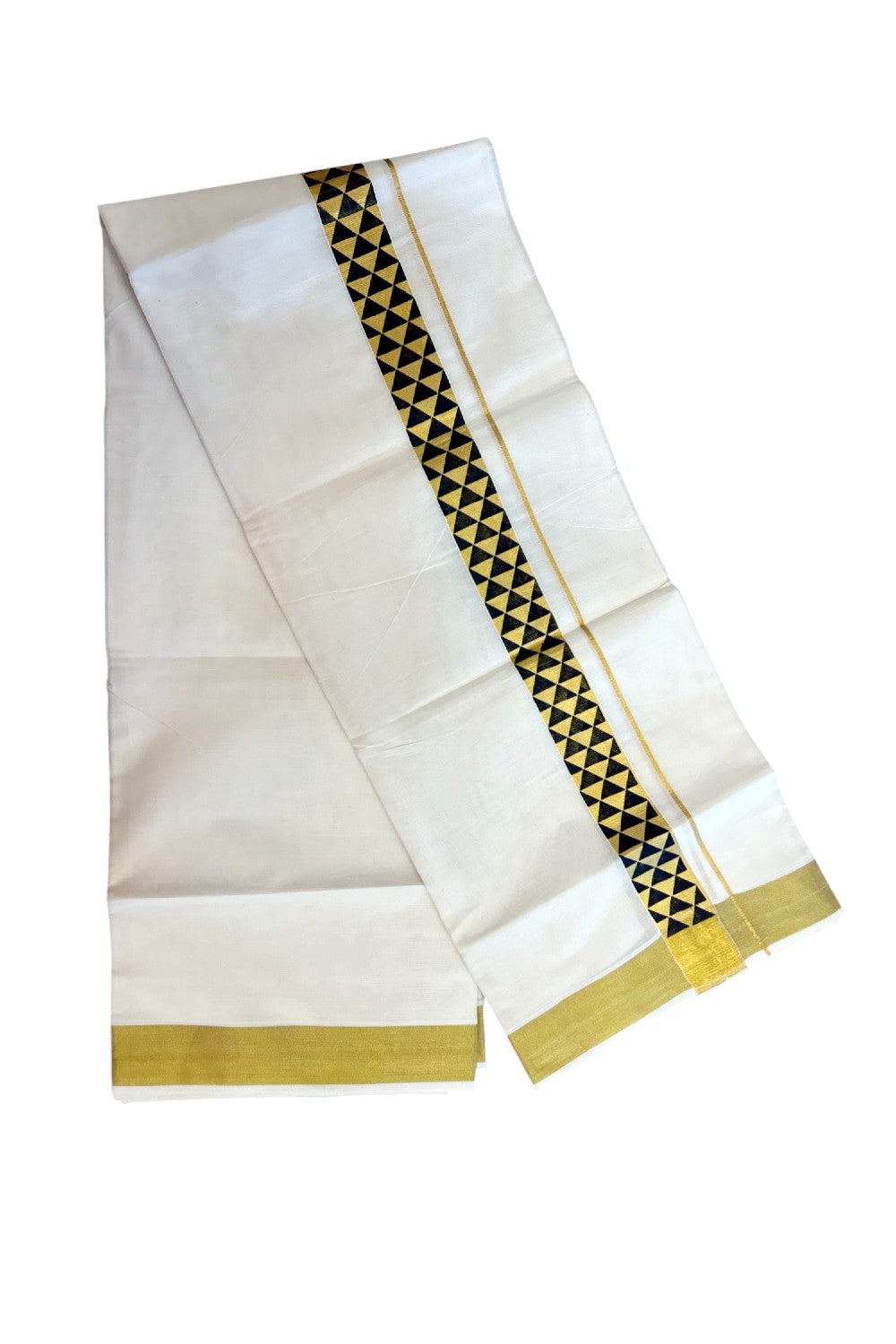 22% Discount!! KaithariKada Balaramapuram 100% Cotton DOUBLE OFF WHITE - (Ubleached) Mundu/Dhoti - 80x90 - 1.5 inch Gold Kasavu with Black Printed Design Kara - 14KK5219 GAN