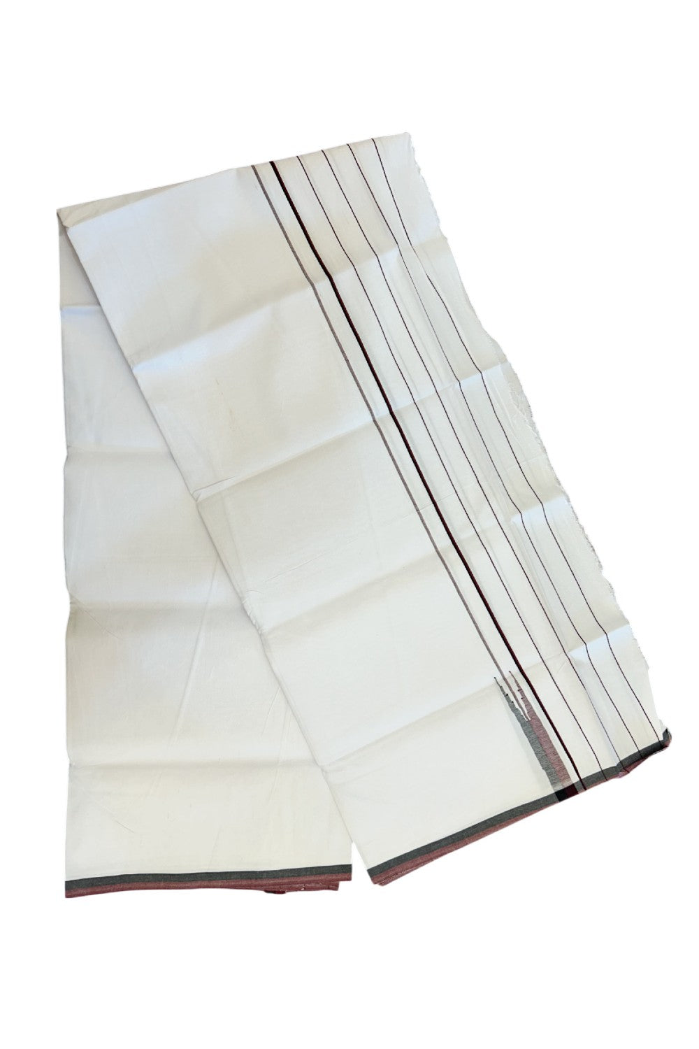 DMK Veshti - 20% Discount !! KaithariKada Balaramapuram PURE WHITE SINGLE Mundu/Dhoti - 100X100 - Puliyilakkara 5.5 inch Maroon & Black Stripes Chutty Kara (2 meter / 4 muzham) - 13KK5224 ASH