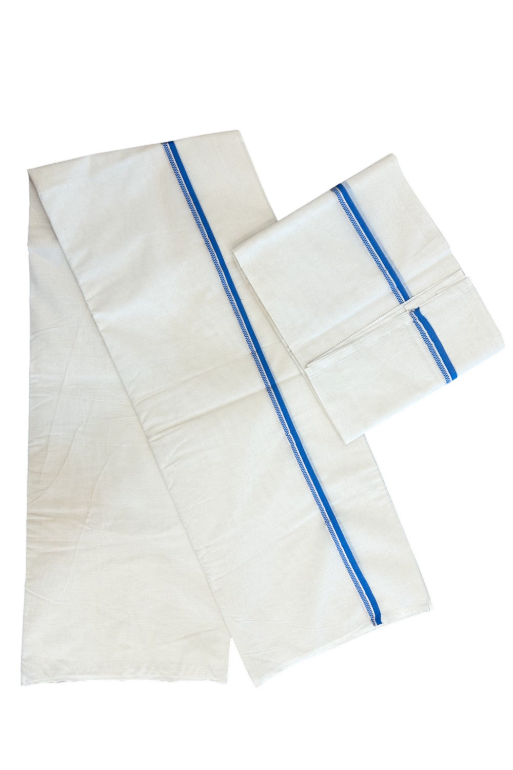20% Discount!! KaithariKada Balaramapuram - 100% PURE Cotton Off White  (Unbleached) Mundu/Dhoti & Neriyath set - 1.5 cm Silver Kasavu & Blue Design Kara - 15KK5238 ASH