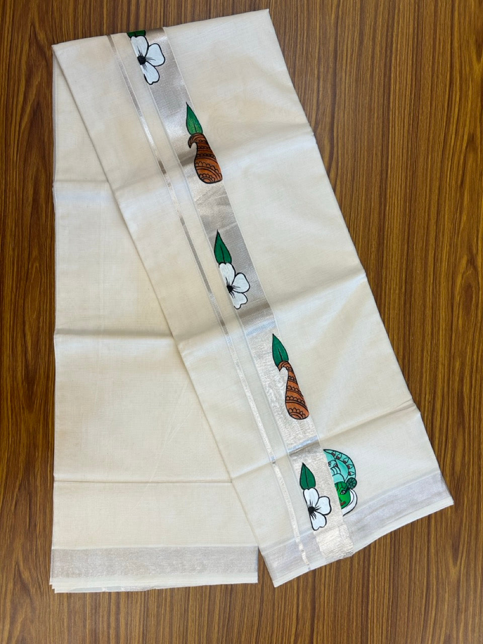 24% Discount! KaithariKada 100% Cotton Double Off white - (Ubleached) Mundu / Dhoti - 100x80 1.5 inch Silver Kasavu & Hand Painted Kathakali Flower Leaf - 14 KK5259 CKS