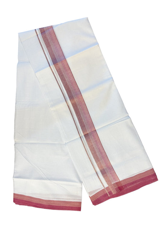 21% DISCOUNT!! Kaitharikada Balaramapuram 100% Cotton PURE WHITE Double Mundu/Dothi - 100x80 - 2.25 Inch Pink & silver striped Cotton Kara - 14KK63VIN